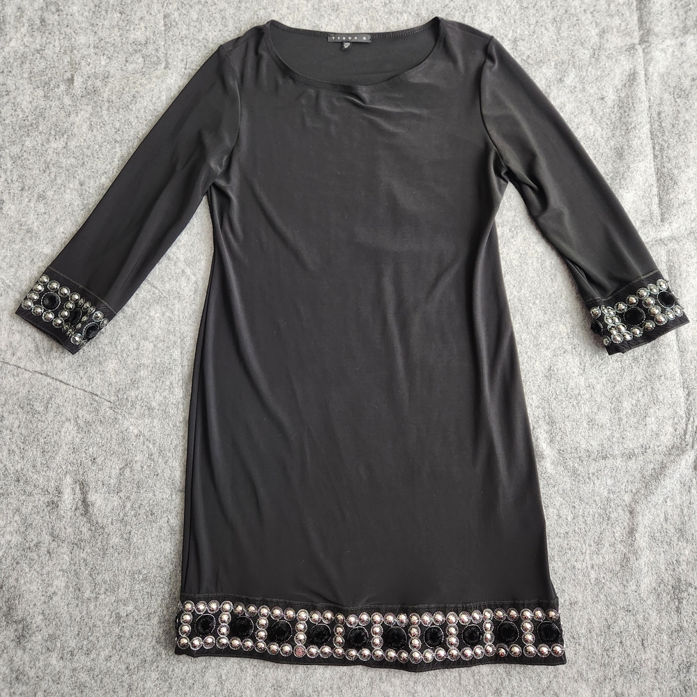 Tiana B Sheath Embellished Cuffs Hem Dress Women's 8 Petite Black Liquid Knit